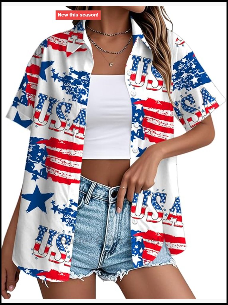 Patriotic Button Down Short Sleeve T Shirt